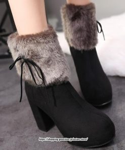 ブーツ | ショートレディース 10cmハイヒール ファー 冬用 保温防寒 太めヒール サイドジッパー あったか 痛くない オシャレ 冬靴 痛くない 歩きやすい