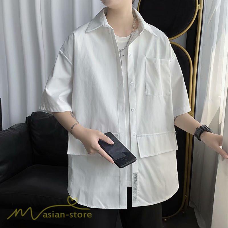 シャツ | メンズ 半袖 トップス ワイドTゆったり 無地 ライトアウター 着回し 夏新作 コーデ 白黒細身 通勤通学 XXL 日常感 大きいサイズ