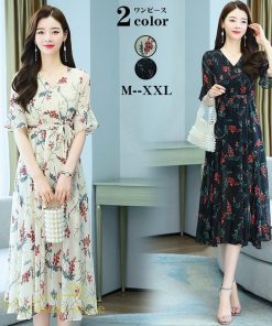 ミディアム | ワンピース レディース ひざ下丈 カジュアル おしゃれ 夏新作 上品 ミディアムワンピース 花柄 大きいサイズ 上品 エレガント 気質 30代 お出かけ 40代 20代