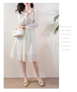 ミディアム | Aラインワンピース 秋コーデ レディース 長袖 膝丈ワンピース 腰リボン付き 刺繍 パフスリーブ 美ライン シルエット 大人 無地 オフィス お呼ばれ フォーマル