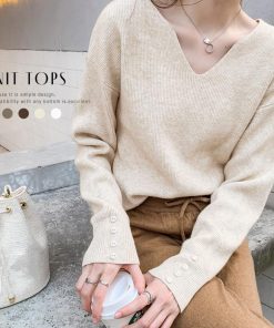 ニット・セーター | ボタン飾り 秋冬 無地 ニットトップス レディース 長袖 ニットセーター シンプルニット プルオーバー きれいめ Vネック