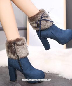 ブーツ | ショートレディース 10cmハイヒール ファー 冬用 保温防寒 太めヒール サイドジッパー あったか 痛くない オシャレ 冬靴 痛くない 歩きやすい