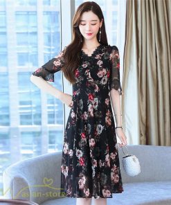 ミディアム | Aラインワンピース レディース 着痩せ 花柄 きれいめ おしゃれ 上品 20代 30代 40代 Vネック エレガント ワンピース 膝丈 上品 ミディアムワンピース サマー