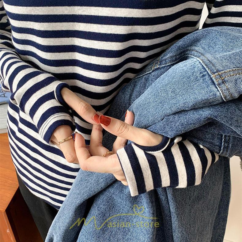 tシャツ・カットソー | 春物 レディース Tシャツ カットソー 長袖 トップス 綿 ボーダー シンプル プルオーバー リブ 柔らか 美ライン スリム ストレッチ 丸ネック 微伸縮 20代30代