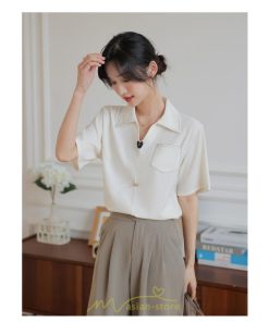 シャツ・ブラウス | ブラウス シャツ 夏 半袖 レディース 白 緑 無地 Vネック 開襟 胸ポケット 通気性 シンプル フランス風 女性 オフィス エレガント 上品 着痩せ 通勤 華奢見え OL