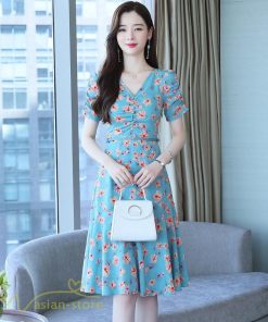 ミディアム | ワンピース レディース 着痩せ 半袖 花柄 きれいめ ミディアムワンピース カジュアル 膝丈 タック カジュアルワンピース おしゃれ サマーワンピース Vネック