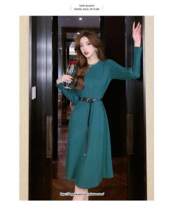 ミディアム | ワンピース 無地 きれいめ 30代 40代 50代 着やせ 上品 大きいサイズ ミモレ丈 長袖 春夏秋冬 丸首 ミモレ丈 ひざ丈 長袖 パフスリーブ