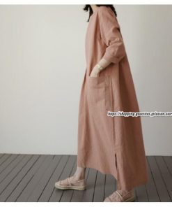 マキシ | ワンピース 長袖 九分丈 綿麻ワンピース ロングワンピース ミモレ丈 無地 ビッグポケット 夏秋物 無地 30代50代 ゆったり 大人 マタニティ ゆるシルエット