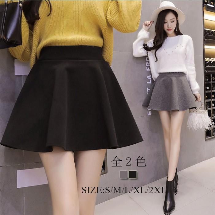 スカート | 秋冬ツイードフレアミニウエストゴム Aラインハイウエスト 無地 黒可愛い 膝上丈 大人 30代