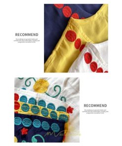 マキシ | ワンピース コットン 長袖ワンピース カジュアル ゆったり ナチュラル シンプル 可愛い 夏 秋 エスニック Vネック 鎖骨 レトロ 黄色 刺繍 白 青 三色展開