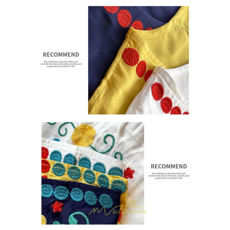 マキシ | ワンピース コットン 長袖ワンピース カジュアル ゆったり ナチュラル シンプル 可愛い 夏 秋 エスニック Vネック 鎖骨 レトロ 黄色 刺繍 白 青 三色展開