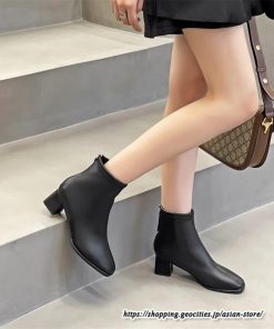 ショートブーツ | レディース 裏起毛なし 裏起毛あり スクエアトゥ ブーツ チャンキーヒール 太ヒール 後ろファスナー 大人 シューズ 通学通勤 靴 ミドルヒール