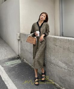 マキシ | レオパードワンピース 秋 レディース ヒョウ柄 Vネック ワンピース ロングワンピース 長袖ワンピース 大人 ゆったり 裾スリット 秋冬 30代40代50代 大きいサイズ