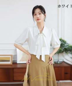 シャツ・ブラウス | シフォンブラウス 半袖 レディース シフォン ブラウス 白 青 フォーマル 開襟 服 バブルスリーブ 蝶結び 着痩せ 春 韓国風 通勤 おしゃれ 女性 上品 夏