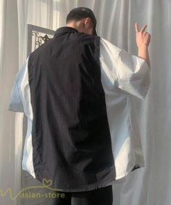 シャツ | ライトアウター メンズ ワイドカジュアル 切り替え トップス ゆったり 5分袖 韓国風 カッコウイイ ゆる夏コーデ オーバーサイズ 大きいサイズ