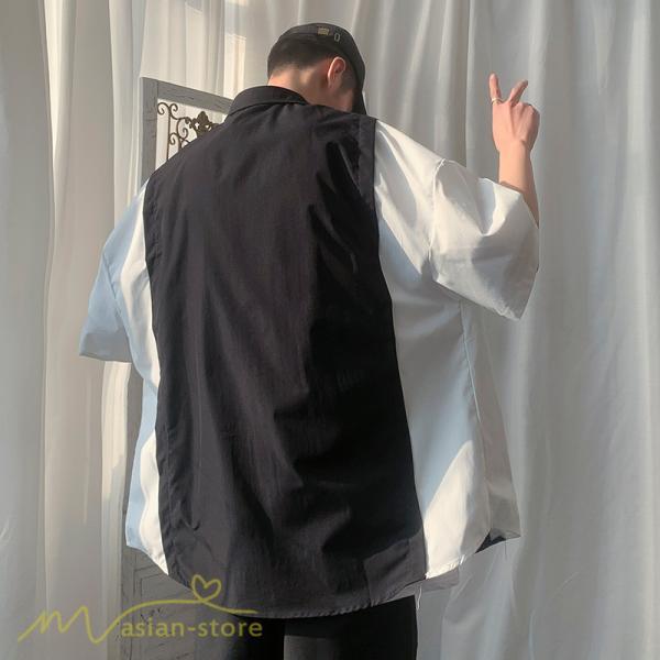 シャツ | ライトアウター メンズ ワイドカジュアル 切り替え トップス ゆったり 5分袖 韓国風 カッコウイイ ゆる夏コーデ オーバーサイズ 大きいサイズ