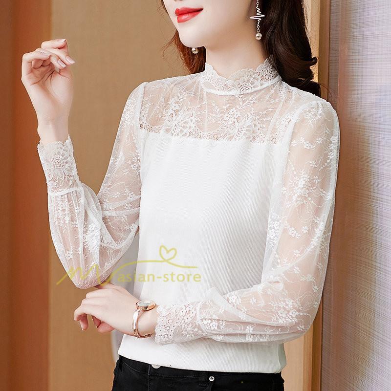 tシャツ・カットソー | カットソー レディース 長袖 春 シャツ 異素材 切り替え レース付き 透け感 20代30代40代50代 ハイネック インナー 着痩せ お出かけ カジュアル カシュクール