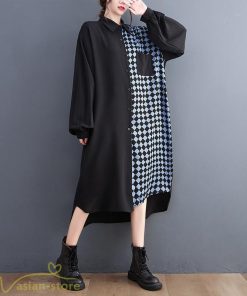 シャツワンピース | ワンピース 長袖 秋 新作 チェック柄 ゆったり 切り替え フリーサイズ ウエストリボン 体型カバー シンプル 大人 バルーンスリーブ 前開き
