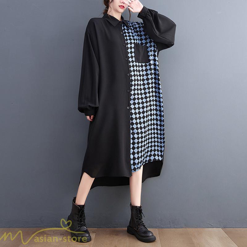 シャツワンピース | ワンピース 長袖 秋 新作 チェック柄 ゆったり 切り替え フリーサイズ ウエストリボン 体型カバー シンプル 大人 バルーンスリーブ 前開き