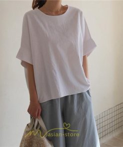 シャツ・ブラウス | ブラウス トップス ｔシャツ 半袖 レディース 体型カバー  シャツ L XL 20代 30代 40代 ママ 50代 60代 大人 丸首 ファッション 新作 夏服 無地 綿麻 ゆったり