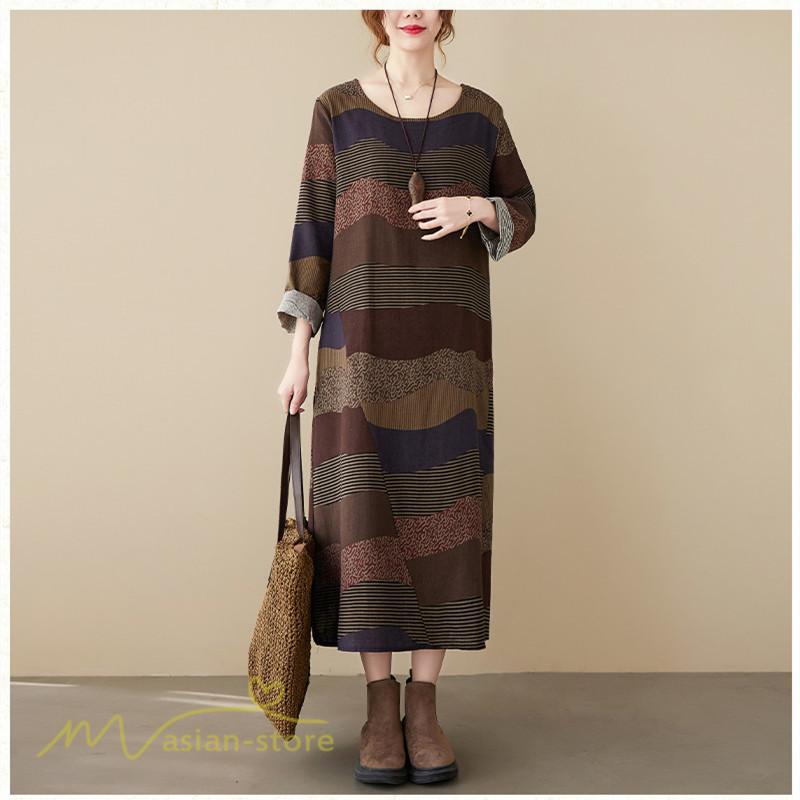 マキシ | ワンピース ロング丈 レディース シンプル 長袖ワンピース Aライン 秋コーデ カジュアル 丸首 40代 体型カバー ゆるワンピース 大きいサイズ ゆったり 50代