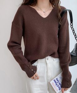 ニット・セーター | ボタン飾り 秋冬 無地 ニットトップス レディース 長袖 ニットセーター シンプルニット プルオーバー きれいめ Vネック
