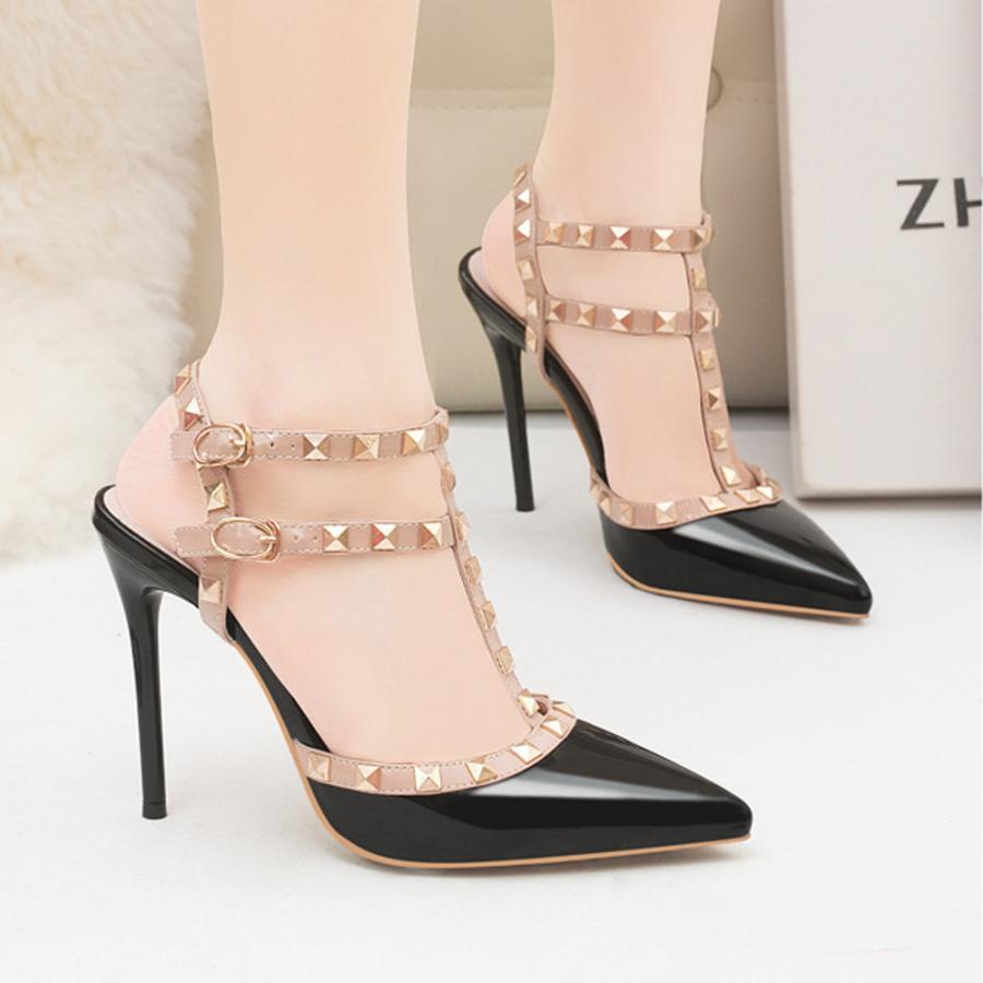 サンダル | ハイヒール キャバパンプス レディース パーティー アンクルストラップ結婚式靴 スタッズpumpsポインテッドトゥ サンダルパンプス