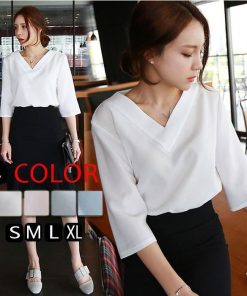 シャツ・ブラウス | シャツブラウス レディース シャツ 五分袖 Vネック 無地 トップス カットソー  可愛い 大人 30代 40代 50代 フォーマル ピンク 白 ブルー オフィス