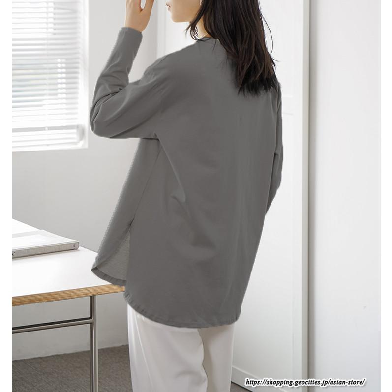 tシャツ・カットソー | Tシャツ Tシャツ コットン長袖オーバーサイズ裾ラウンドTシャツ レディース 綿Tシャツ 長袖Tシャツ クルーネック 秋物 ミドル丈 無地 丸首 長袖