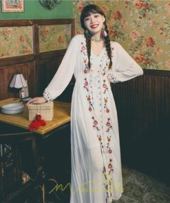 マキシ | ワンピース レディース ロング丈 サマードレス 花柄 リゾートワンピ Aライン 長袖 体型カバー ママ 大人 ゆったり 夏秋 Ｖネック 着痩せ 綿麻 刺繍 旅行 SNS映え