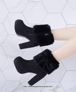 ブーツ | ショートレディース ハイヒール 10cmヒール 厚底 冬用 保温防寒 スエード調 ファー 靴 冬靴 太めヒール シューズ サイドジッパー 痛くない