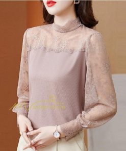 tシャツ・カットソー | カットソー レディース 長袖 春 シャツ 異素材 切り替え レース付き 透け感 20代30代40代50代 ハイネック インナー 着痩せ お出かけ カジュアル カシュクール