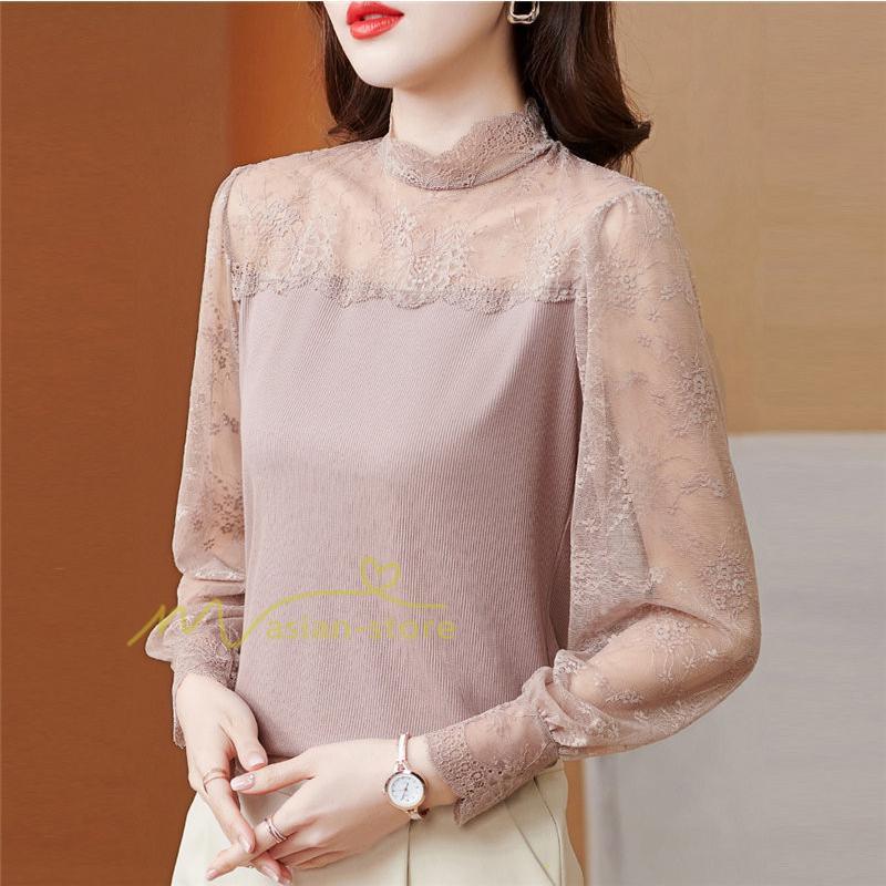 tシャツ・カットソー | カットソー レディース 長袖 春 シャツ 異素材 切り替え レース付き 透け感 20代30代40代50代 ハイネック インナー 着痩せ お出かけ カジュアル カシュクール