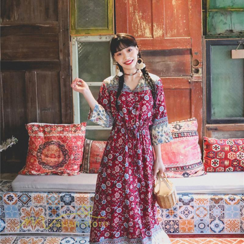 マキシ | ワンピース レディース 総柄 きれいめ ロングワンピース 可愛い カジュアル 春 夏 秋 40代 7分袖 上品 きれいめ 民族風 旅行着 おしゃれ プルオーバー