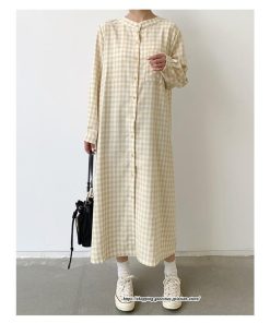 マキシ | 長袖ワンピース チェック柄ワンピース ロングワンピース レディース 秋物 ワンピース 楽チン 綿ワンピース 綿シャツワンピ スタンドカラー ゆったり 大きめ