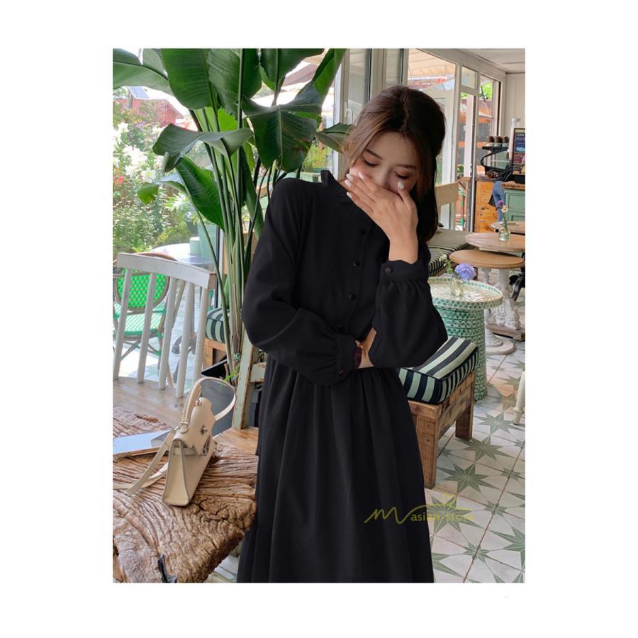 マキシ | ワンピース レディース 秋 冬 長袖 おしゃれ きれいめ フリル 可愛い 無地 ロング丈 ミモレ丈 ゆったり 2021 シンプル 秋新作 ゆったり 上品 カジュアル