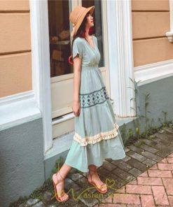 マキシ | ワンピース エスニック 綿麻 エスニックファッション 春ワンピ 夏ワンピ コットン リネン かわいい おしゃれ ハイウエスト バカンス 刺繍 Vネック リゾート 旅行