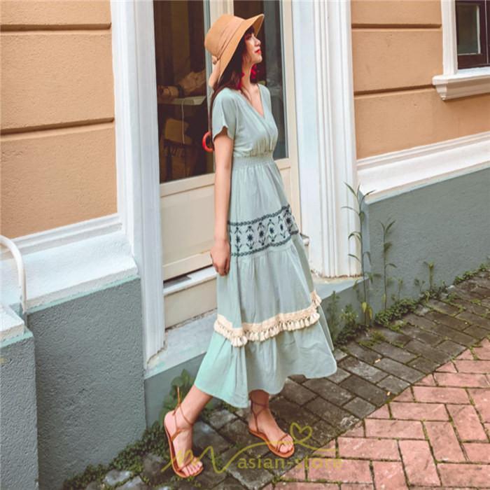 マキシ | ワンピース エスニック 綿麻 エスニックファッション 春ワンピ 夏ワンピ コットン リネン かわいい おしゃれ ハイウエスト バカンス 刺繍 Vネック リゾート 旅行
