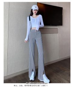 チノ・テーパード・ジョガー・スキニーパン | パンツ レディース フレアパンツ ロングパンツ 千鳥格柄 スリット カジュアル ハイウエスト ワイドパンツ トレンド おしゃれ 送料無料 楽ちん お出かけ かわいい