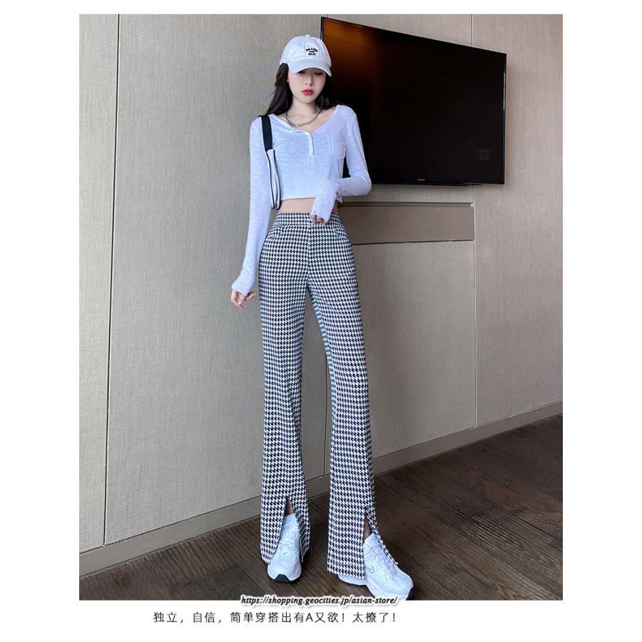 チノ・テーパード・ジョガー・スキニーパン | パンツ レディース フレアパンツ ロングパンツ 千鳥格柄 スリット カジュアル ハイウエスト ワイドパンツ トレンド おしゃれ 送料無料 楽ちん お出かけ かわいい