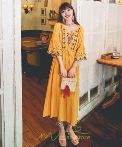 マキシ | ワンピース トップス ロング ロングワンピース 綿麻 夏秋 レディース 大人 おしゃれ シンプル ナチュラル カジュアル 刺繍 花柄 丸首 華やか 上品