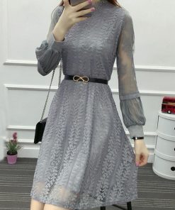 ワンピース | 総レース パーティードレス スカラップ ベルト付き パフスリーブ フレアワンピ 披露宴 レディース 透け感