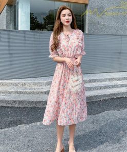 ミディアム | ワンピース プリーツフレア フェミニン Aライン リボンデザイン 小花柄 リゾートワンピ ウエストゴム ハイウエスト 2020新制作 ピンタック 夏コーデ 薄手