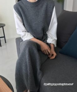 ベスト | ニットベストワンピース ロングレディース ベストワンピース ロングワンピース ニットワンピース ノースリーブ 袖なし サイドスリット入れ 丸首 無地