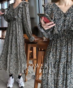 ワンピース | 花柄長袖 春服40代 フレアスカート ロング丈 シフォンワンピ きれいめ レディース 体型カバー