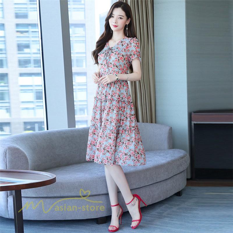 ミディアム | ワンピース レディース Aライン カジュアル Vネック サマー 半袖 ひざ丈 ミディアムワンピース 大きいサイズ 上品 花柄 着痩せ サマーワンピース 夏服