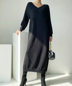 ニットワンピース | ワンピース 秋冬 ロングワンピース ミモレ丈 無地 ゆったり 体型カバー 柔らか 大人 長袖 20代30代 セーター Vネック アウター ニット 50代