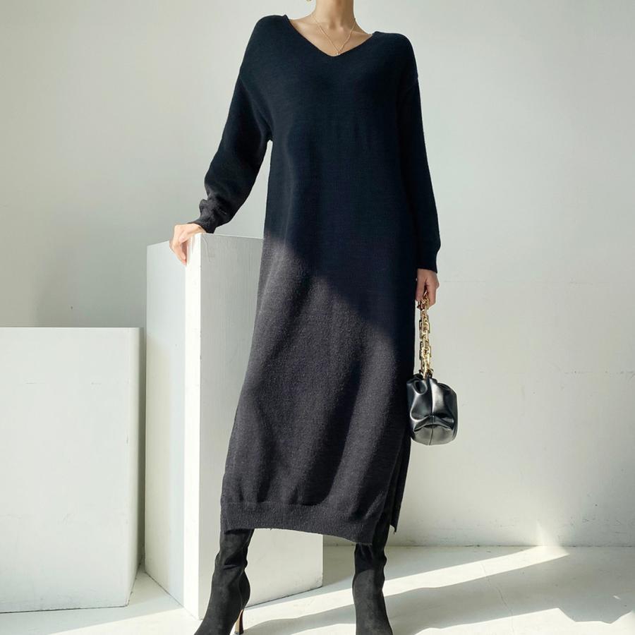 ニットワンピース | ワンピース 秋冬 ロングワンピース ミモレ丈 無地 ゆったり 体型カバー 柔らか 大人 長袖 20代30代 セーター Vネック アウター ニット 50代
