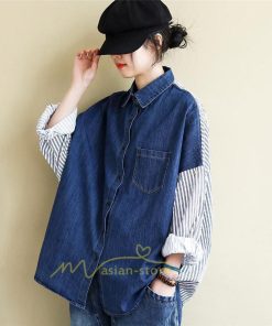 シャツ・ブラウス | デニム風シャツ レディース 異素材切替 シャツブラウス カジュアル 長袖シャツ 春服 胸ポケット トップス ゆったり 20代30代40代50代 おしゃれ 羽織り 通勤通学