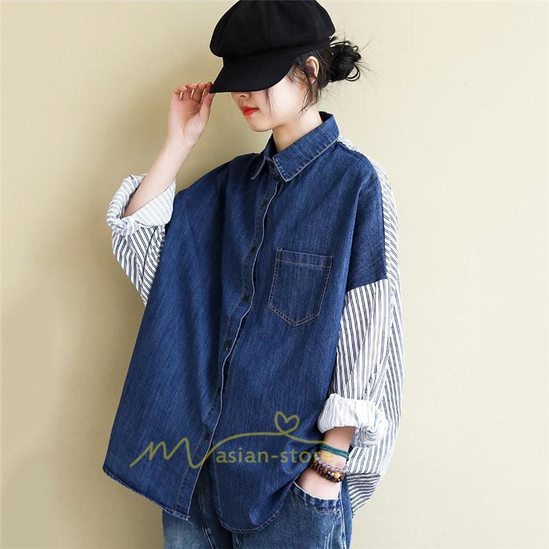 シャツ・ブラウス | デニム風シャツ レディース 異素材切替 シャツブラウス カジュアル 長袖シャツ 春服 胸ポケット トップス ゆったり 20代30代40代50代 おしゃれ 羽織り 通勤通学